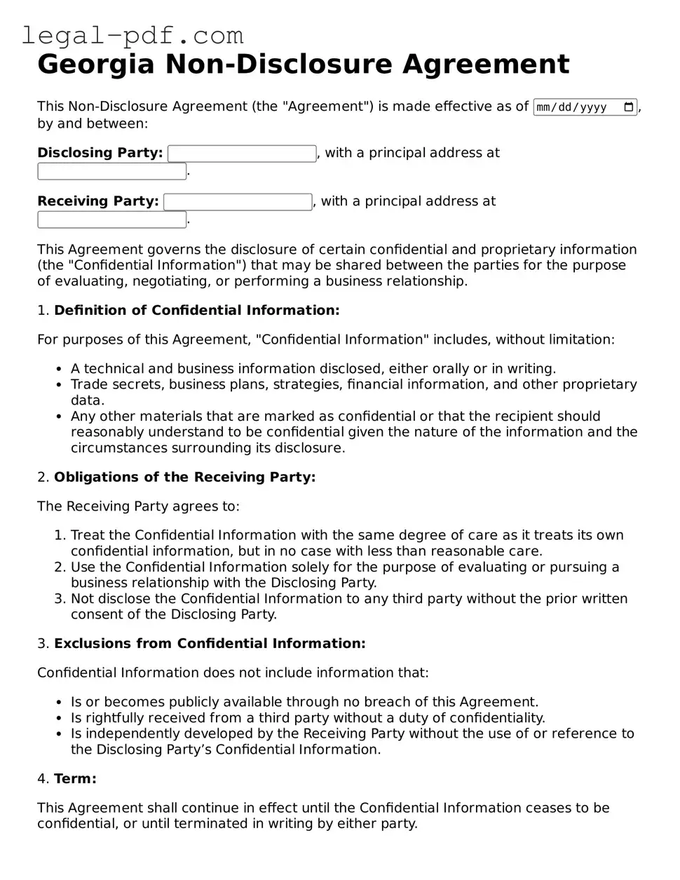 Legal  Non-disclosure Agreement Document for Georgia