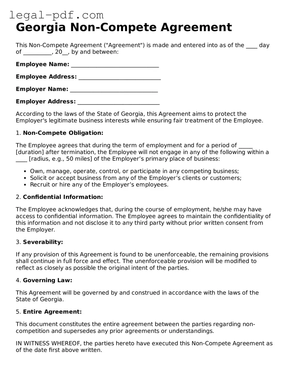 Legal  Non-compete Agreement Document for Georgia