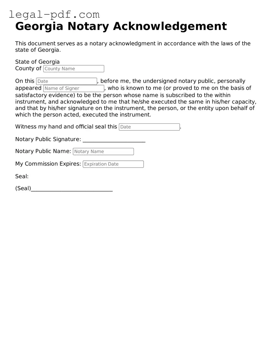 Legal  Notary Acknowledgement Document for Georgia