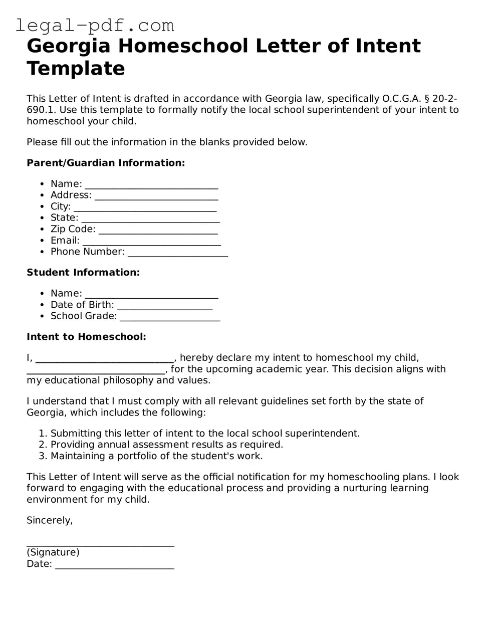 Legal  Homeschool Letter of Intent Document for Georgia