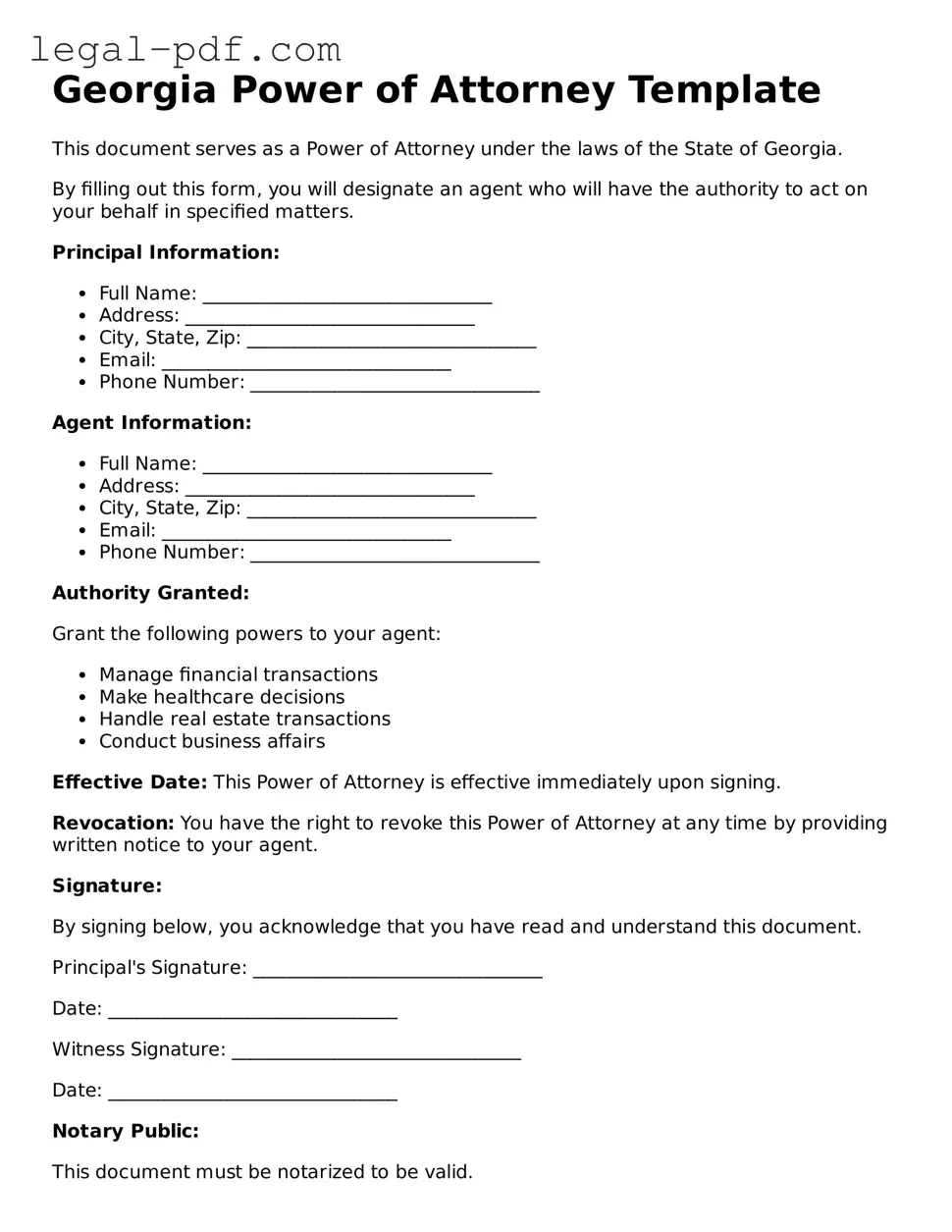 Legal  Power of Attorney Document for Georgia