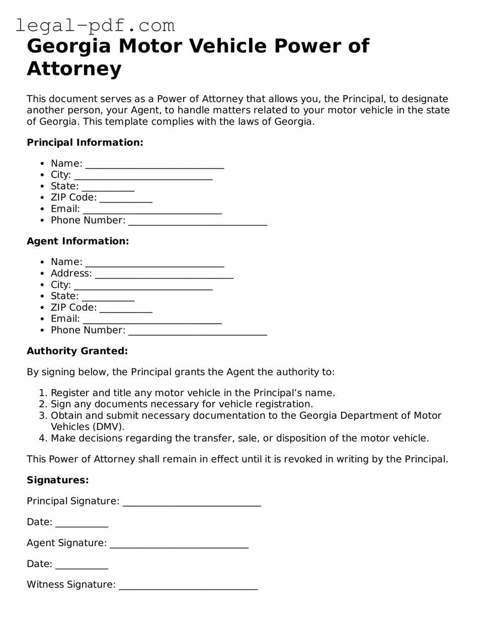 Legal  Motor Vehicle Power of Attorney Document for Georgia