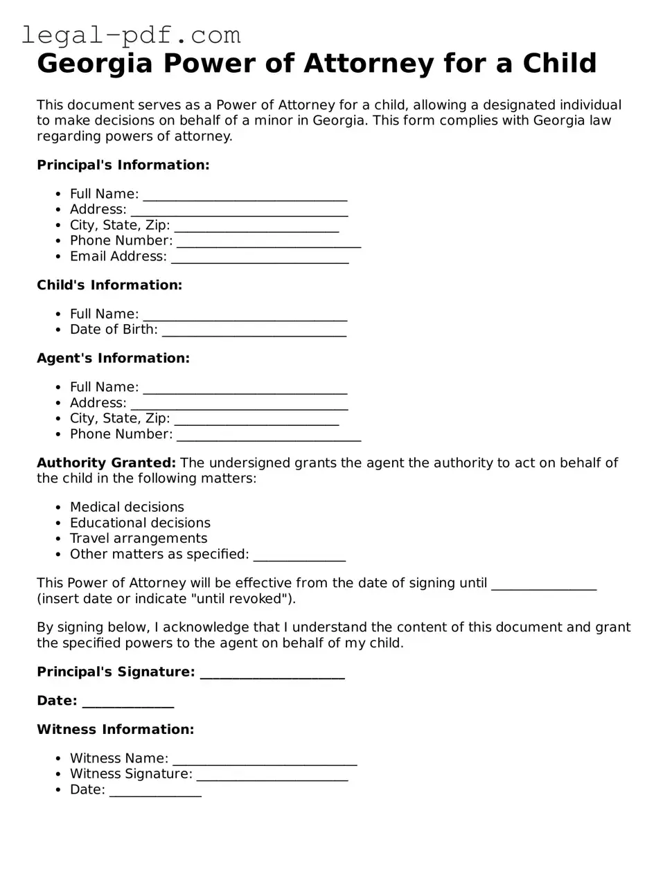 Legal  Power of Attorney for a Child Document for Georgia