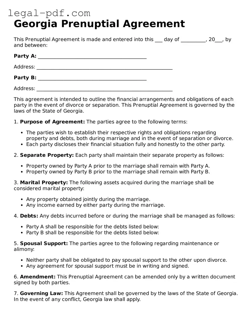 Legal  Prenuptial Agreement Document for Georgia
