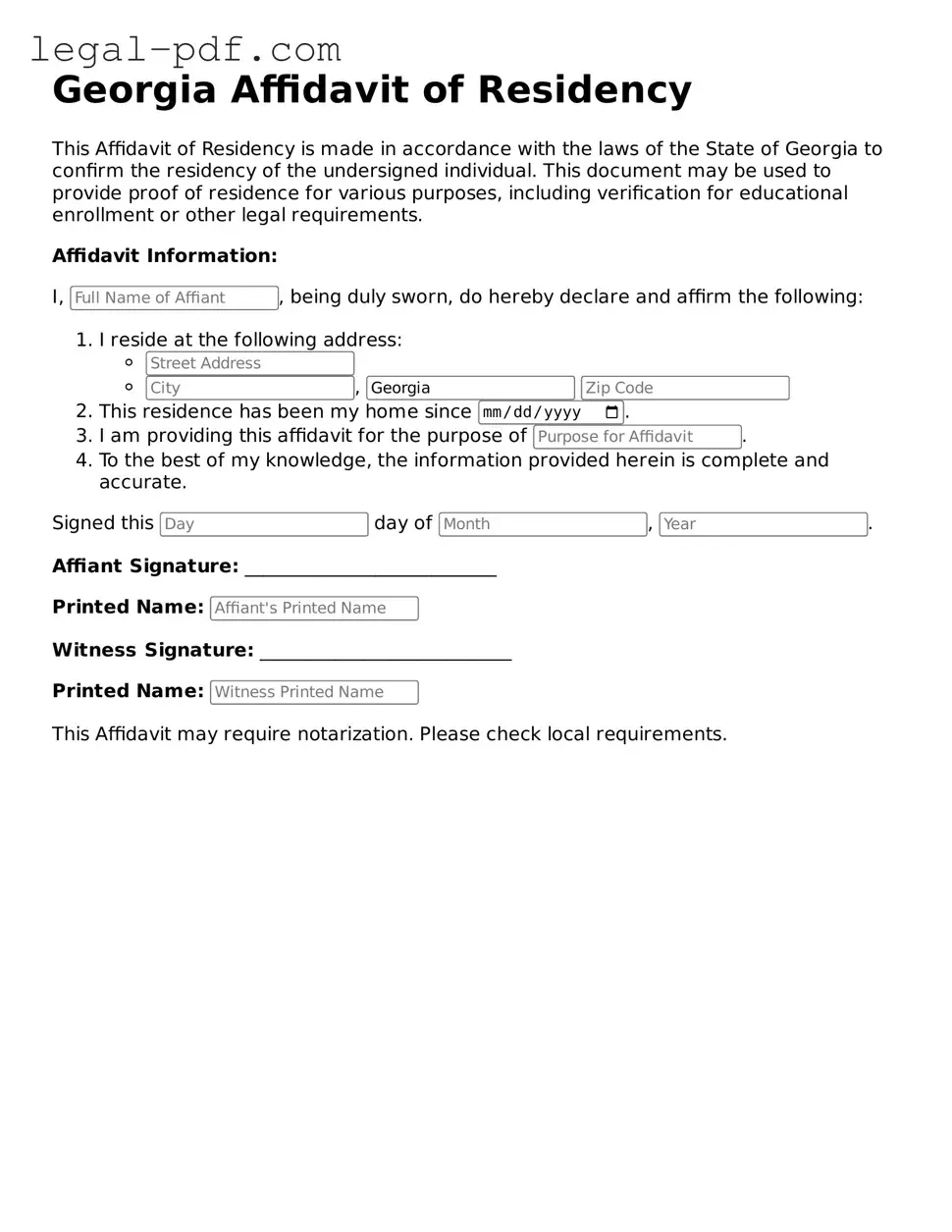 Legal  Affidavit of Residency Document for Georgia