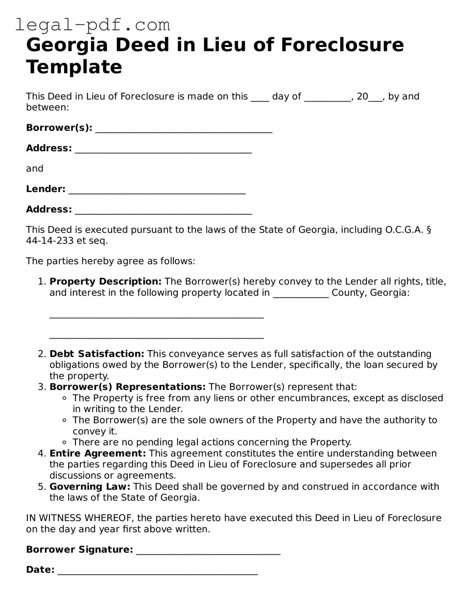 Legal  Deed in Lieu of Foreclosure Document for Georgia