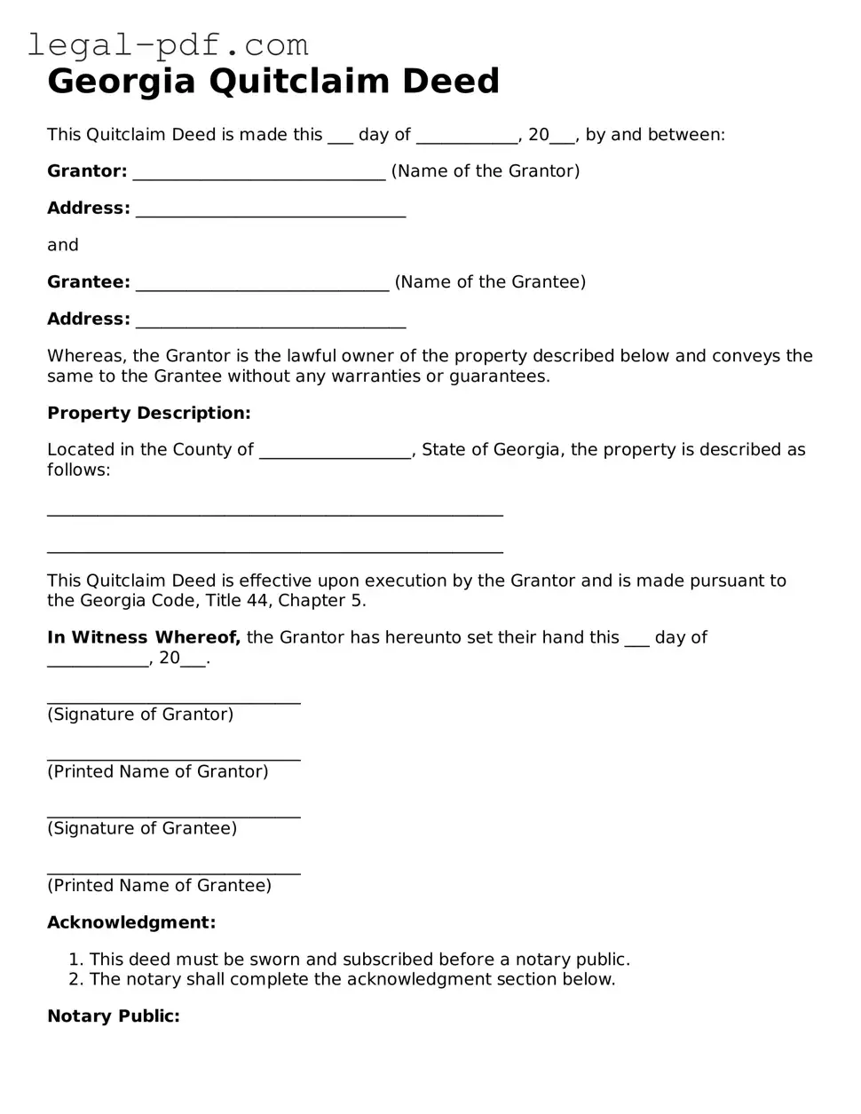Legal  Quitclaim Deed Document for Georgia