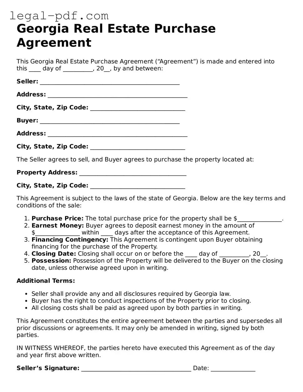 Legal  Real Estate Purchase Agreement Document for Georgia