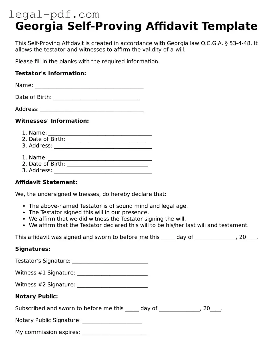 Legal  Self-Proving Affidavit Document for Georgia