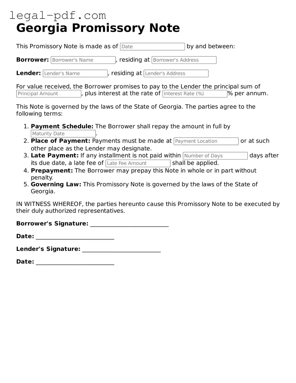 Legal  Promissory Note Document for Georgia