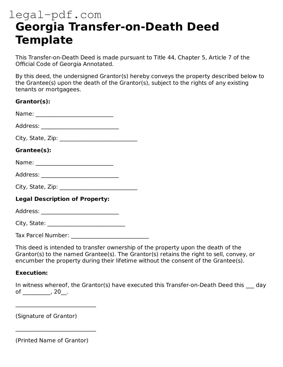 Legal  Transfer-on-Death Deed Document for Georgia