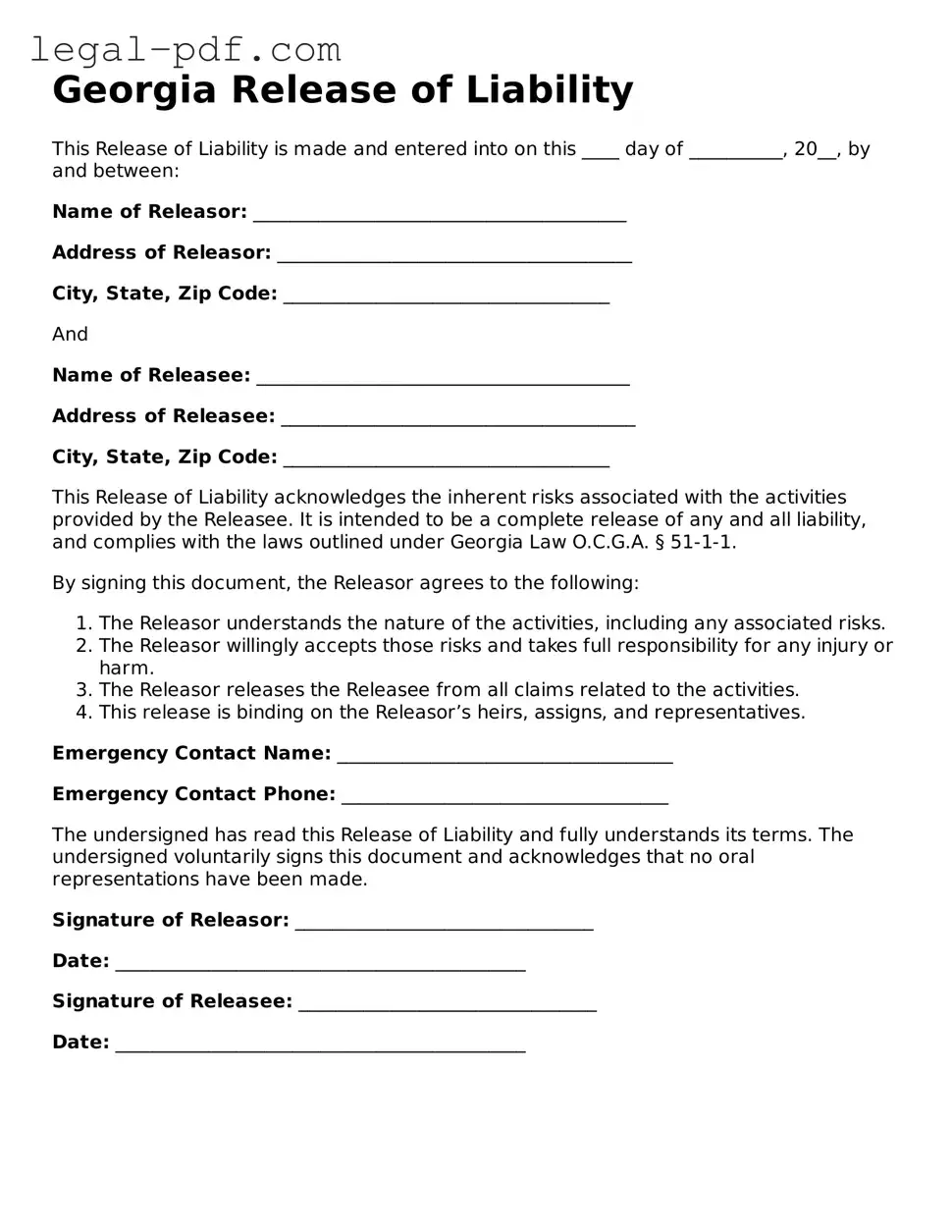 Legal  Release of Liability Document for Georgia