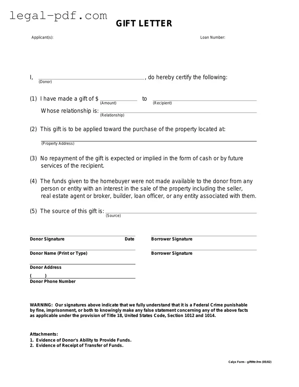 Blank Gift Letter Form