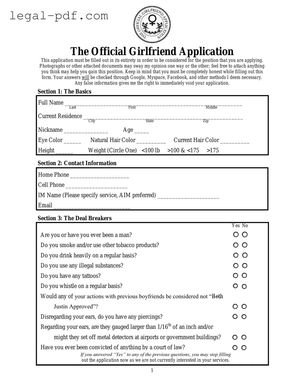Blank Girlfriend Application Form