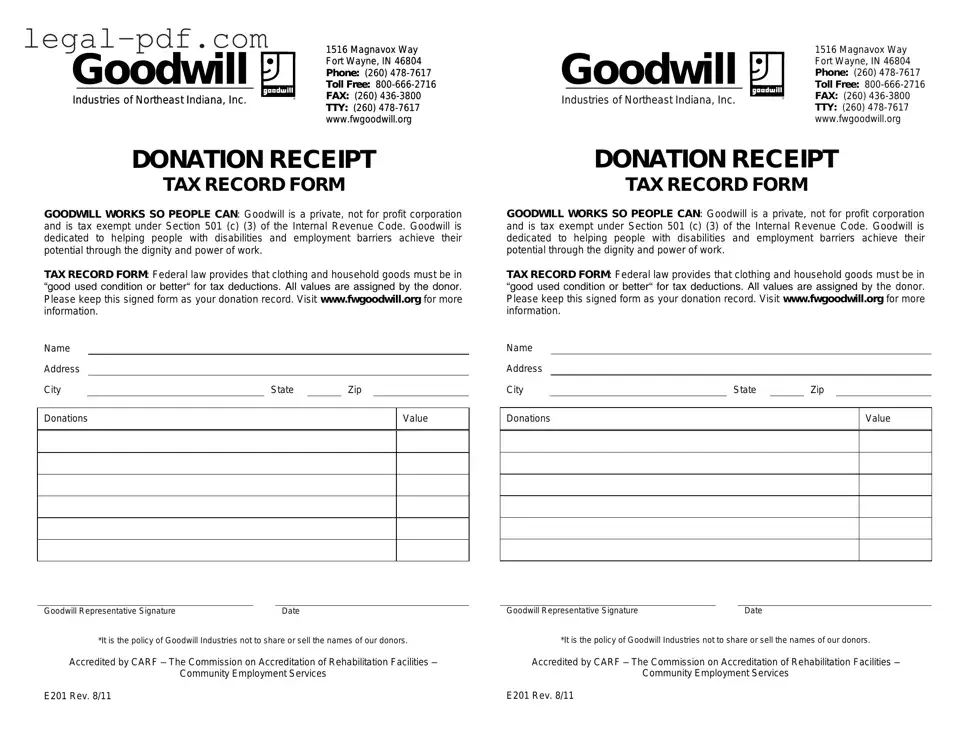 Blank Goodwill donation receipt Form