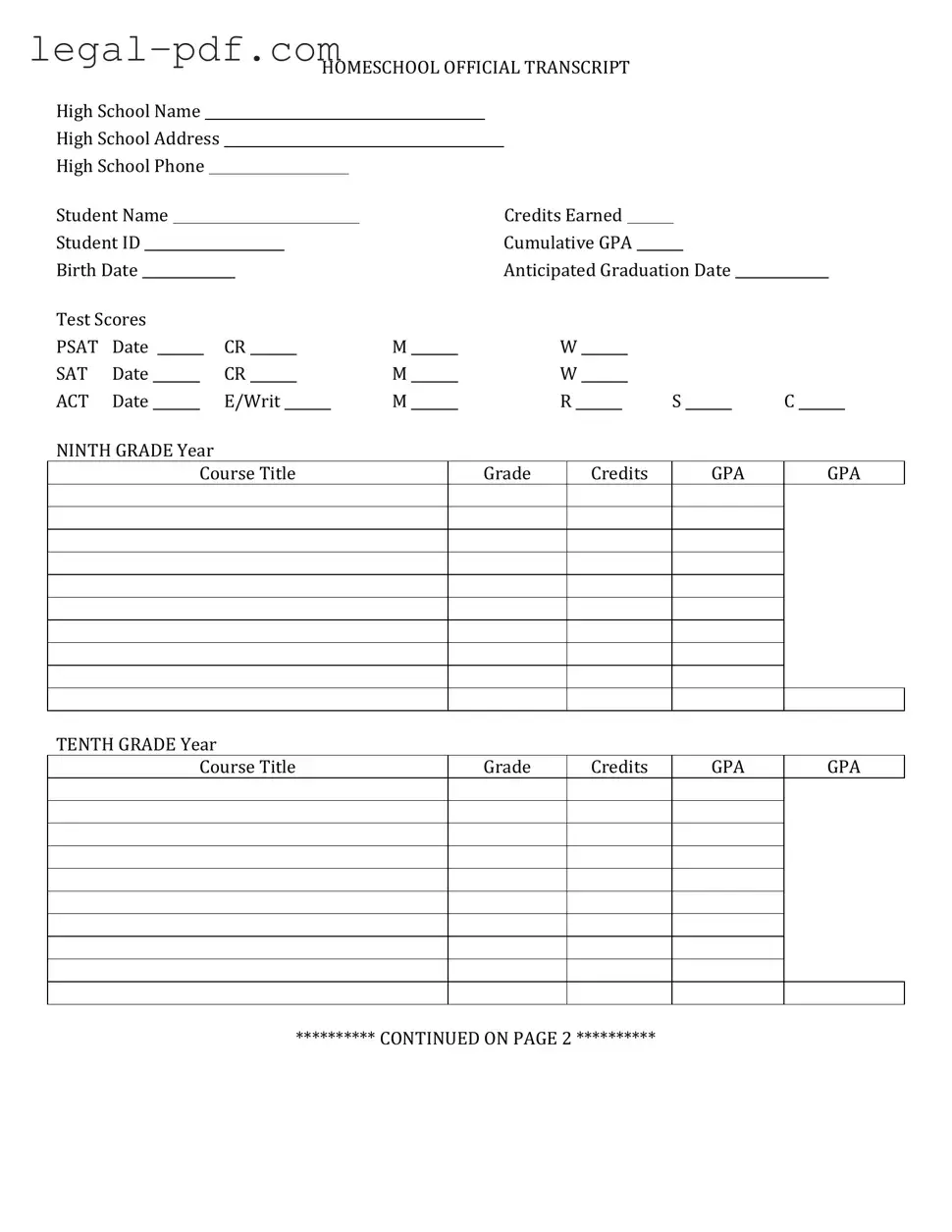 Blank High School Transcript Form