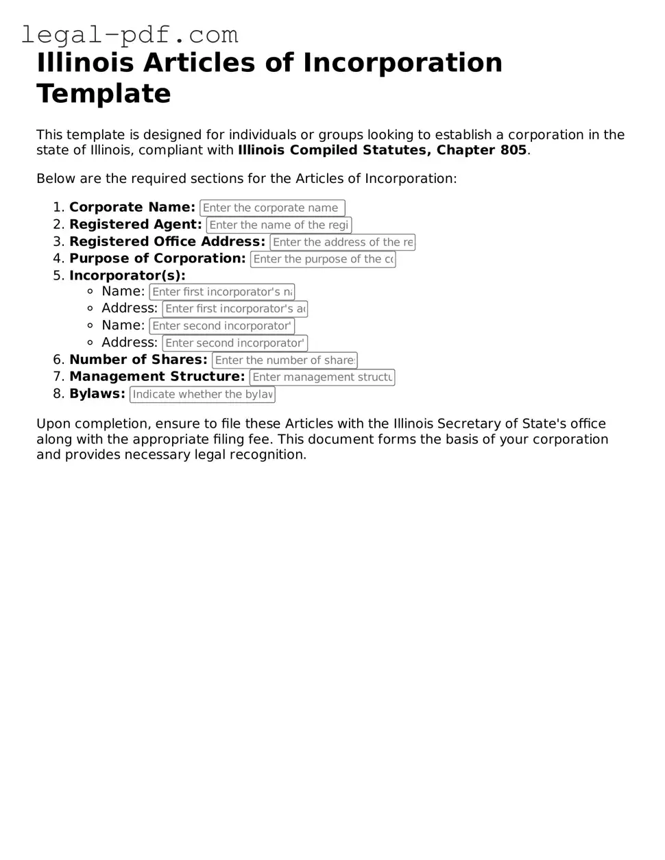 Legal  Articles of Incorporation Document for Illinois