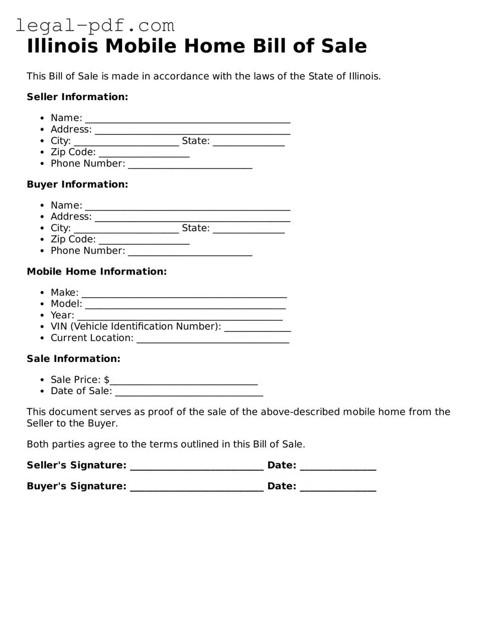 Legal  Mobile Home Bill of Sale Document for Illinois