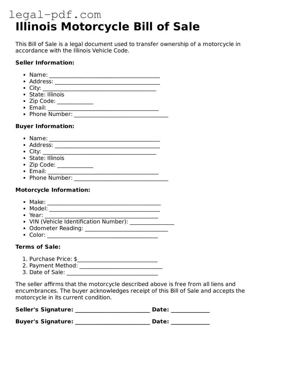 Legal  Motorcycle Bill of Sale Document for Illinois