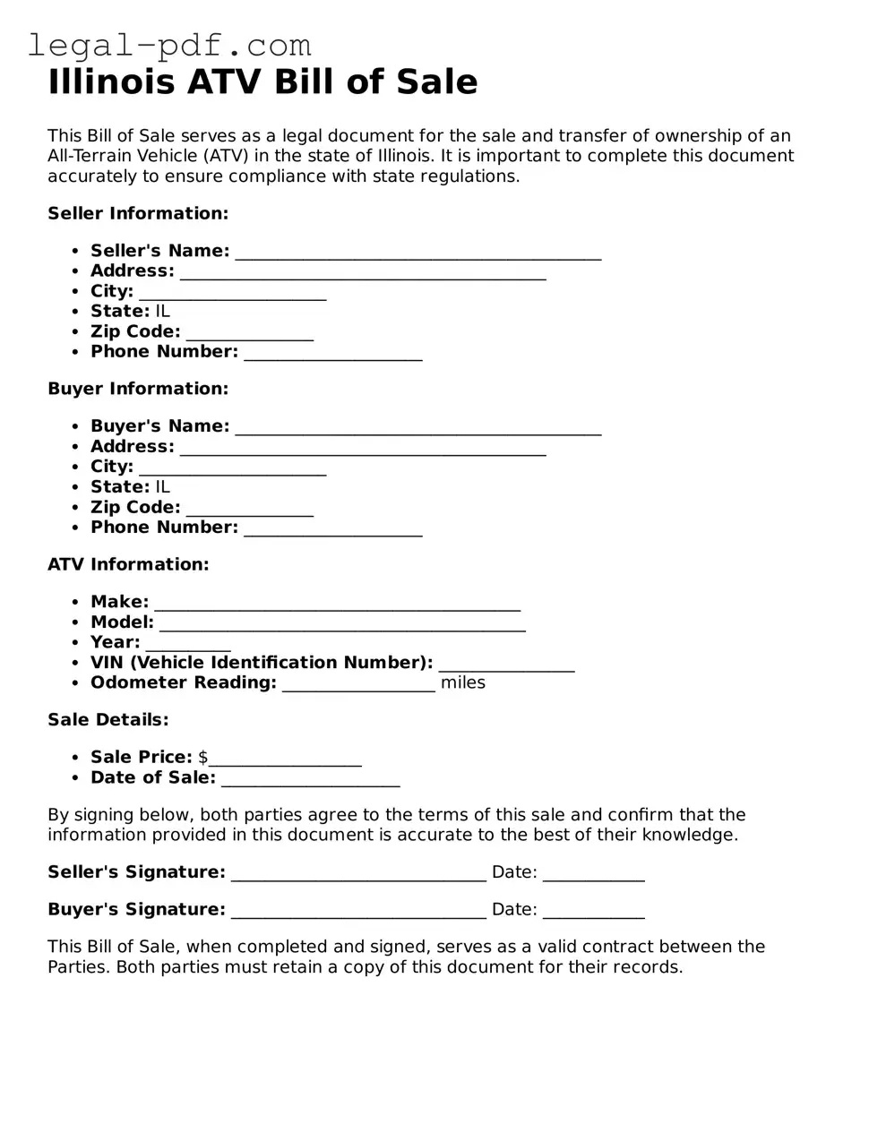 Legal  ATV Bill of Sale Document for Illinois