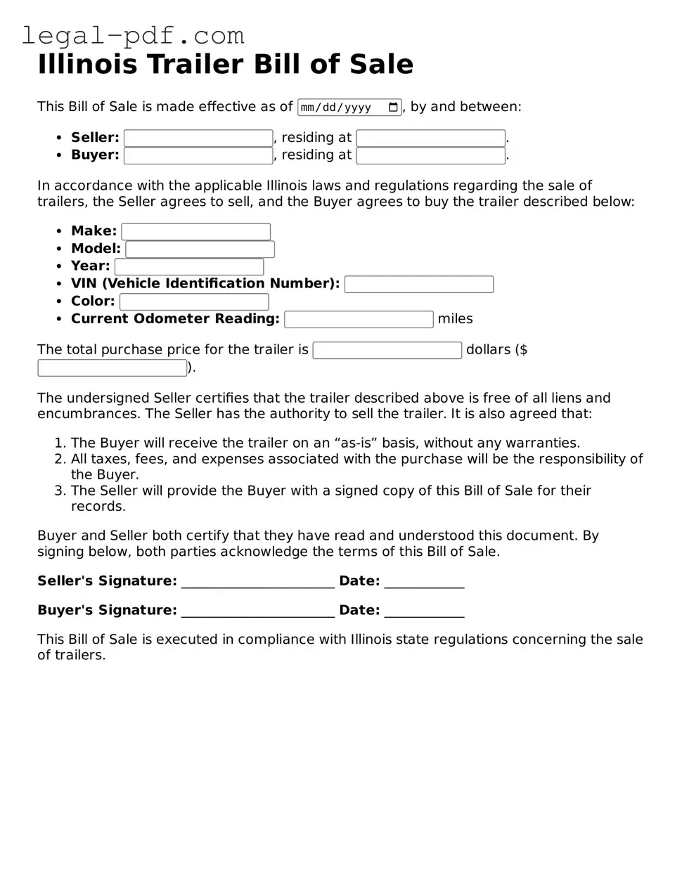Legal  Trailer Bill of Sale Document for Illinois