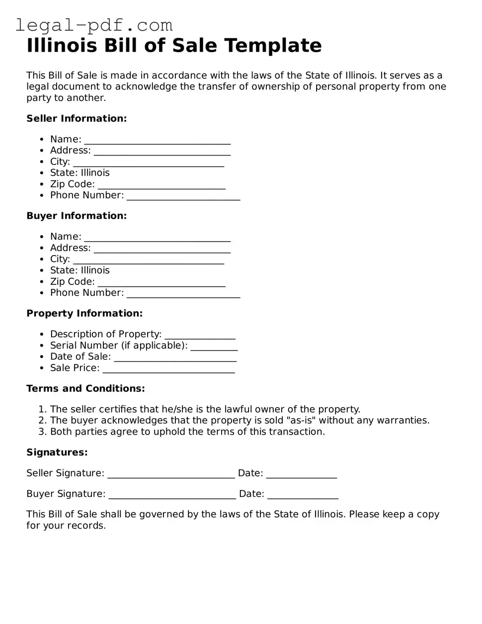 Legal  Bill of Sale Document for Illinois