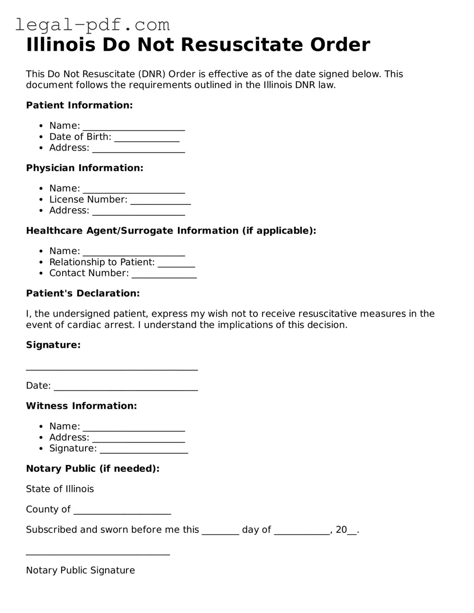 Legal  Do Not Resuscitate Order Document for Illinois