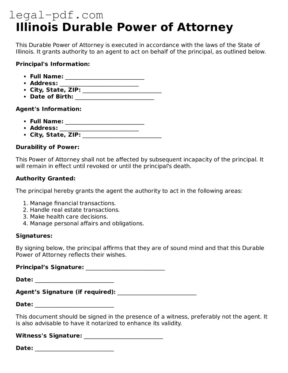 Legal  Durable Power of Attorney Document for Illinois