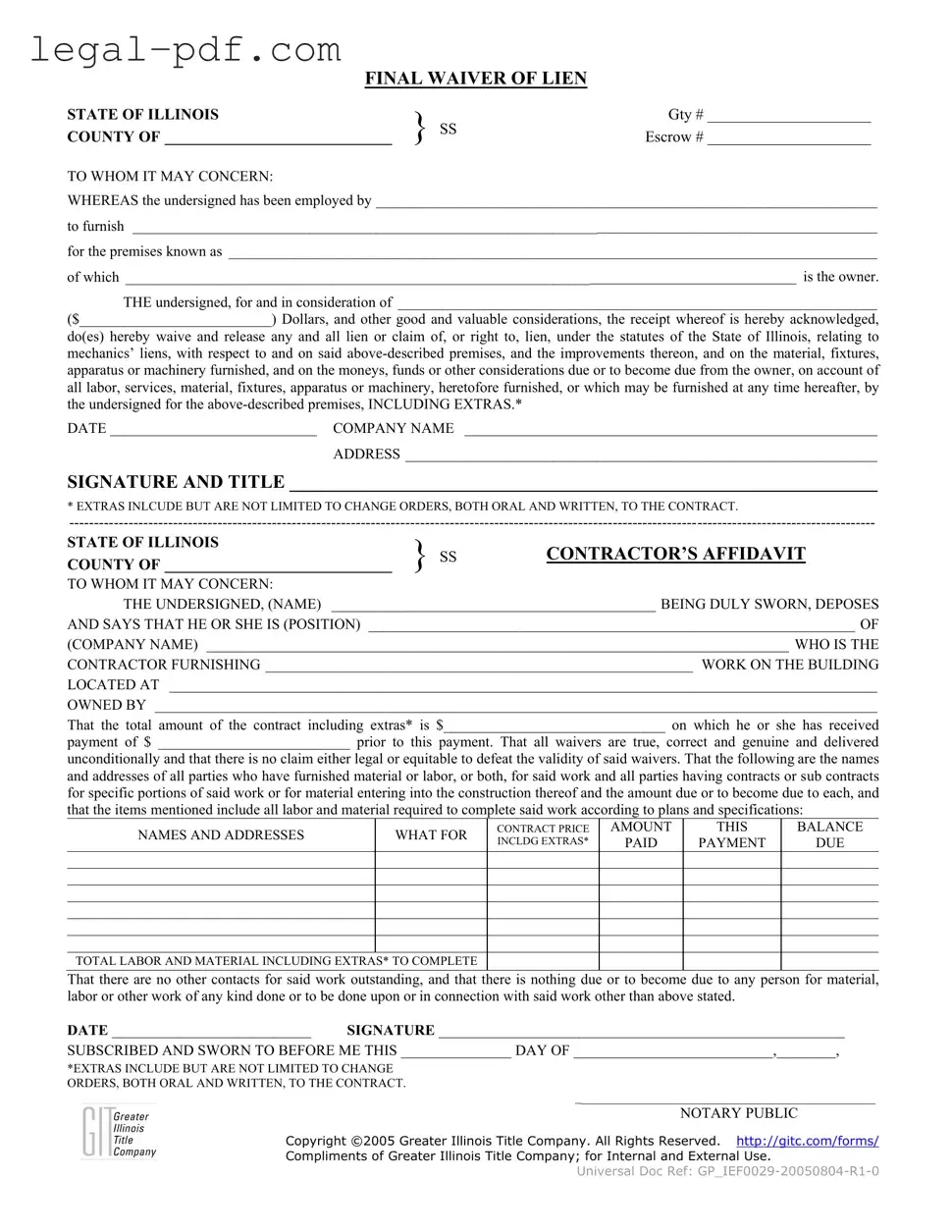 Blank Illinois Final Waiver Of Lien Form