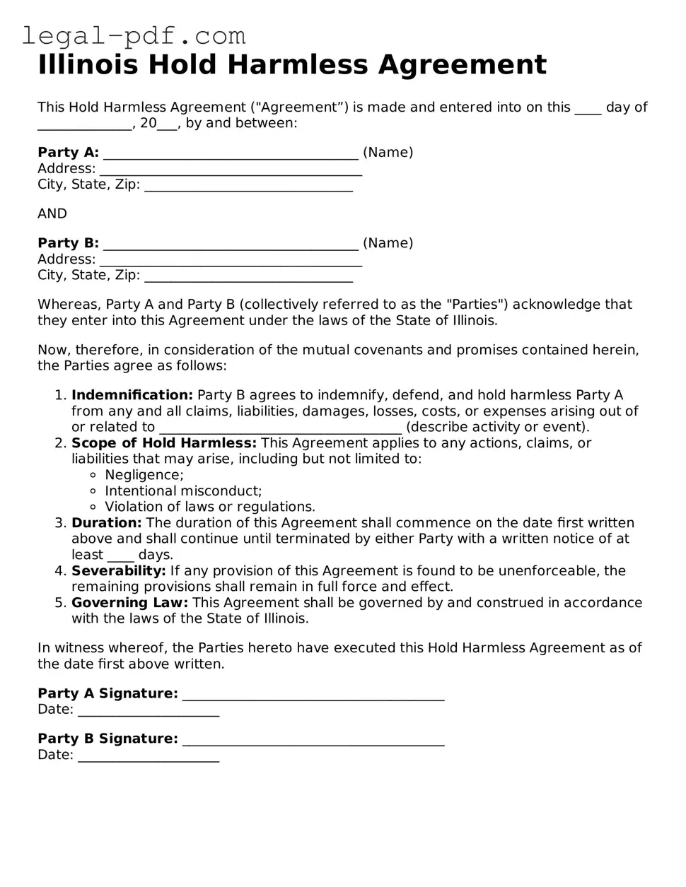 Legal  Hold Harmless Agreement Document for Illinois