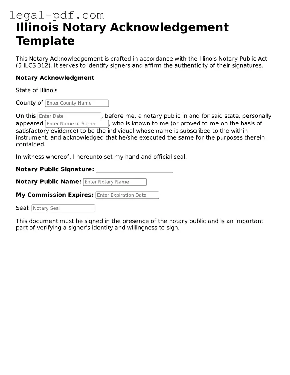Legal  Notary Acknowledgement Document for Illinois