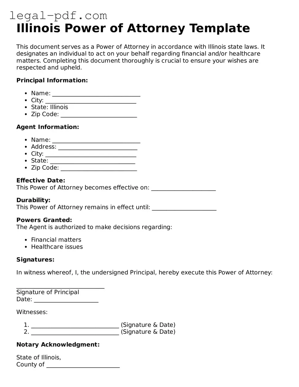 Legal  Power of Attorney Document for Illinois