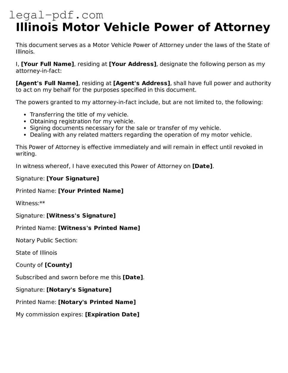 Legal  Motor Vehicle Power of Attorney Document for Illinois