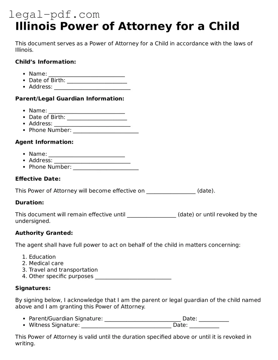 Legal  Power of Attorney for a Child Document for Illinois