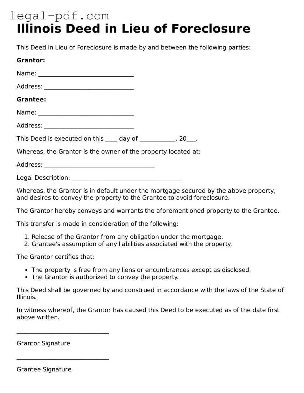 Legal  Deed in Lieu of Foreclosure Document for Illinois