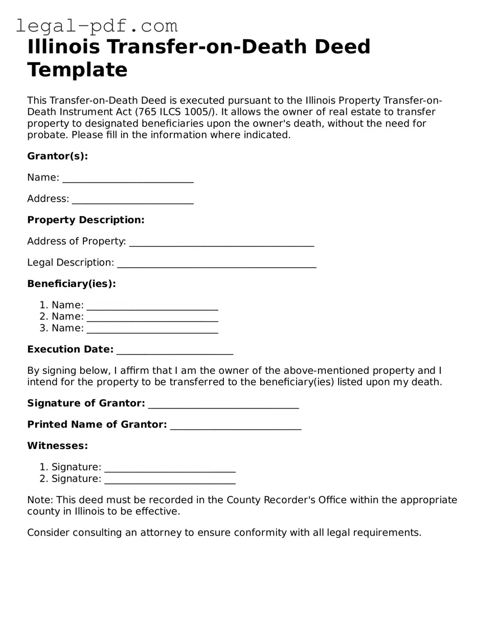 Legal  Transfer-on-Death Deed Document for Illinois