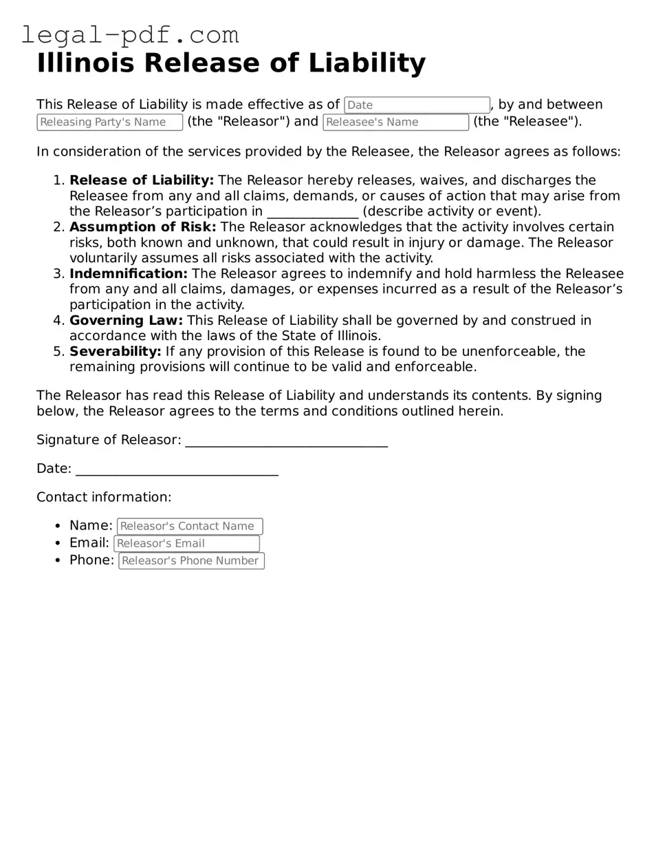 Legal  Release of Liability Document for Illinois