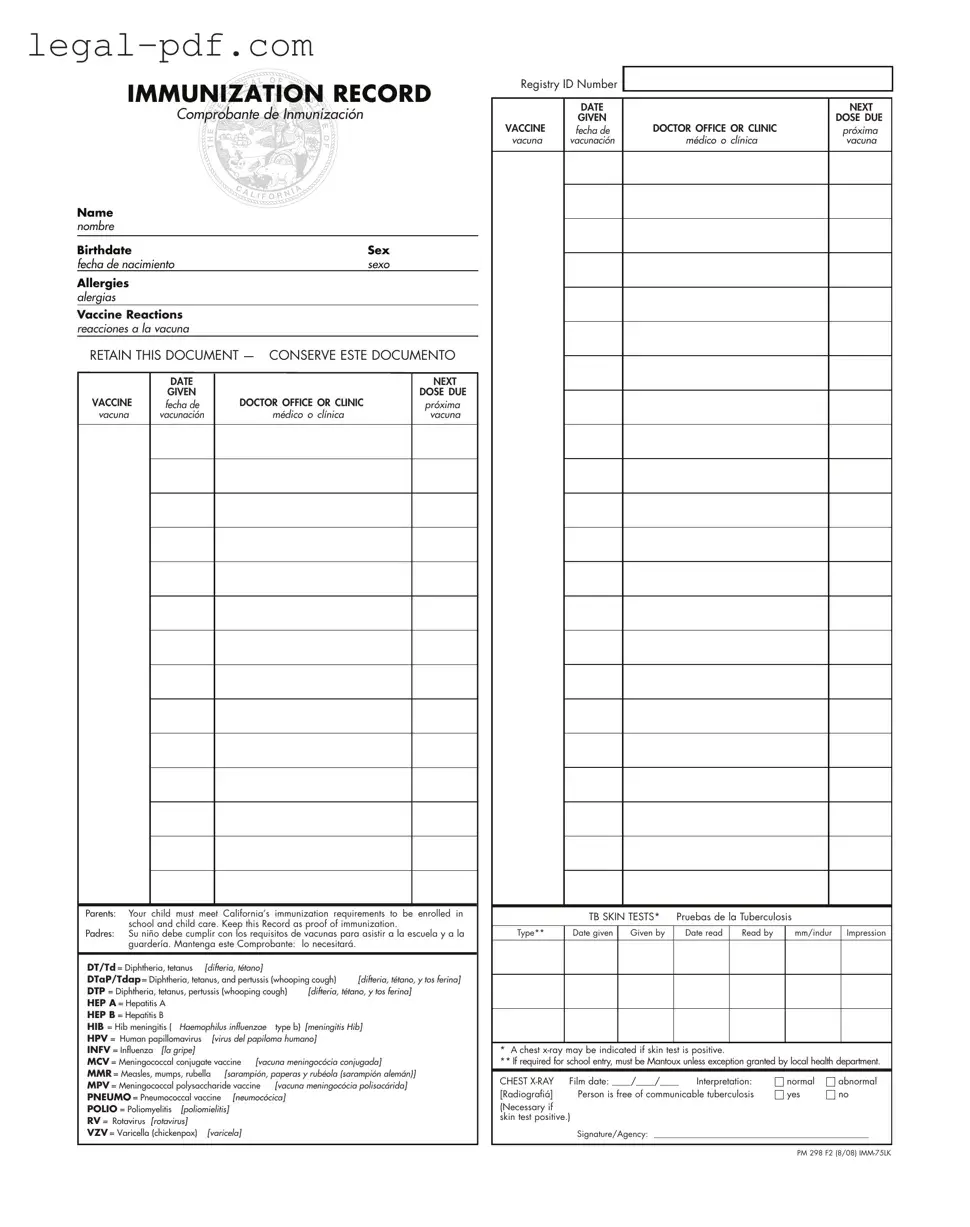 Blank Immunization Record Form