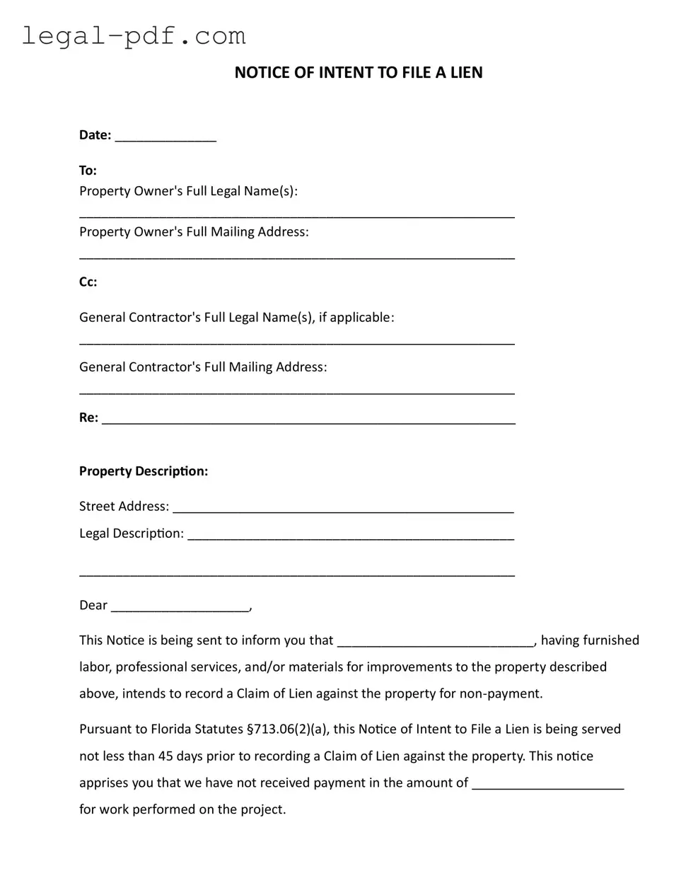 Blank Intent To Lien Florida Form