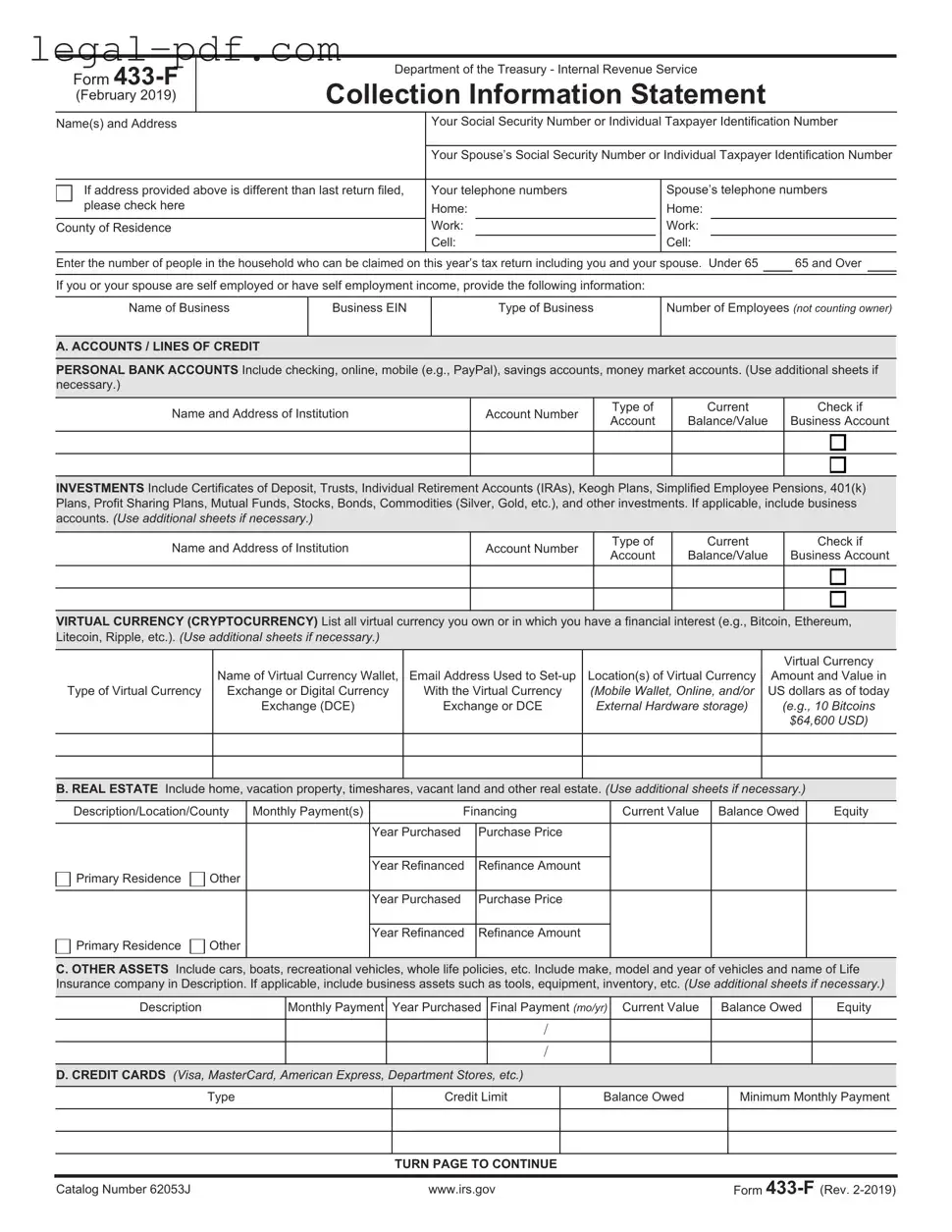 Blank IRS 433-F Form