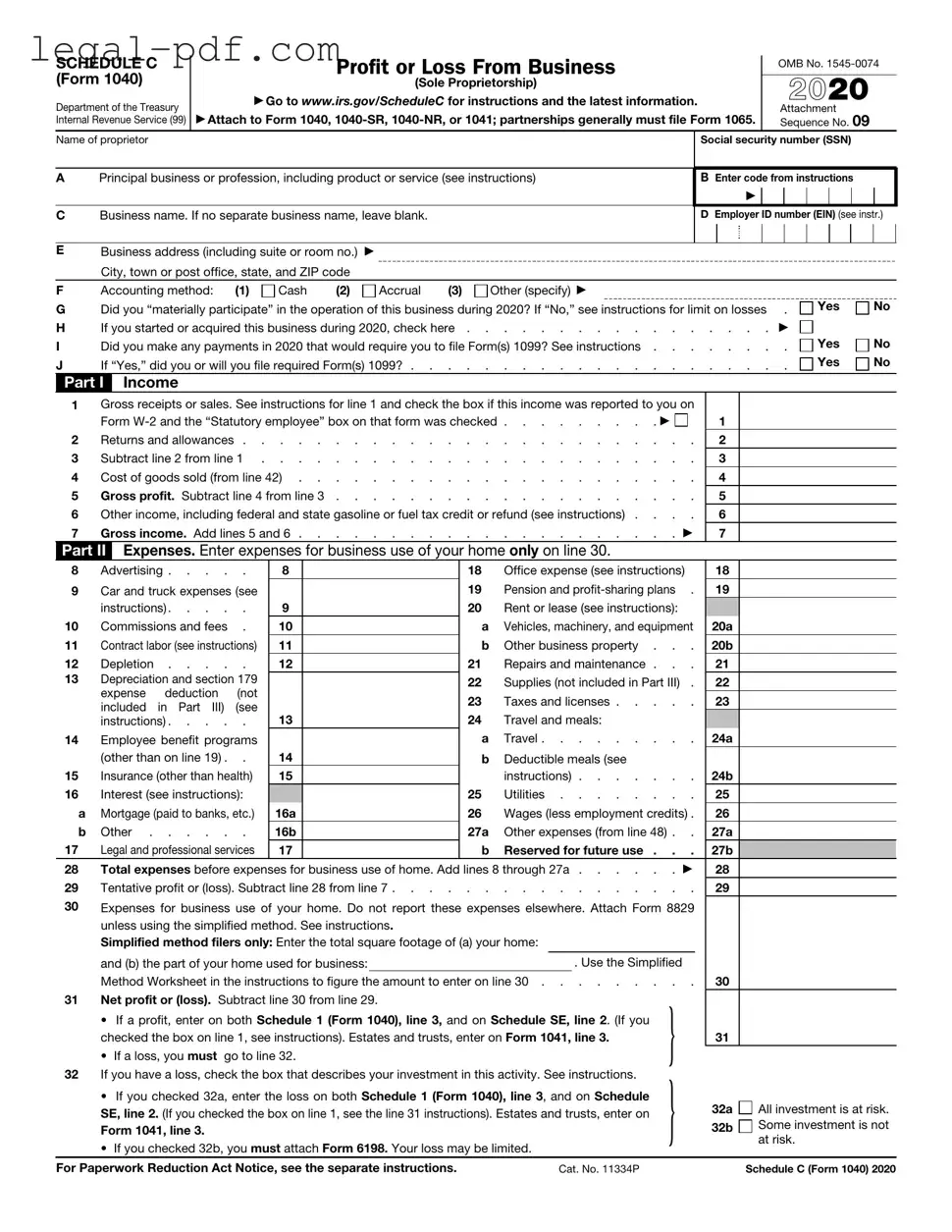 Blank IRS Schedule C 1040 Form