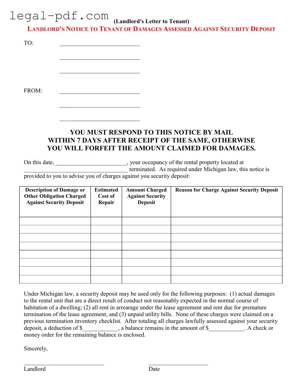 Blank Landlord Damages Letter Form