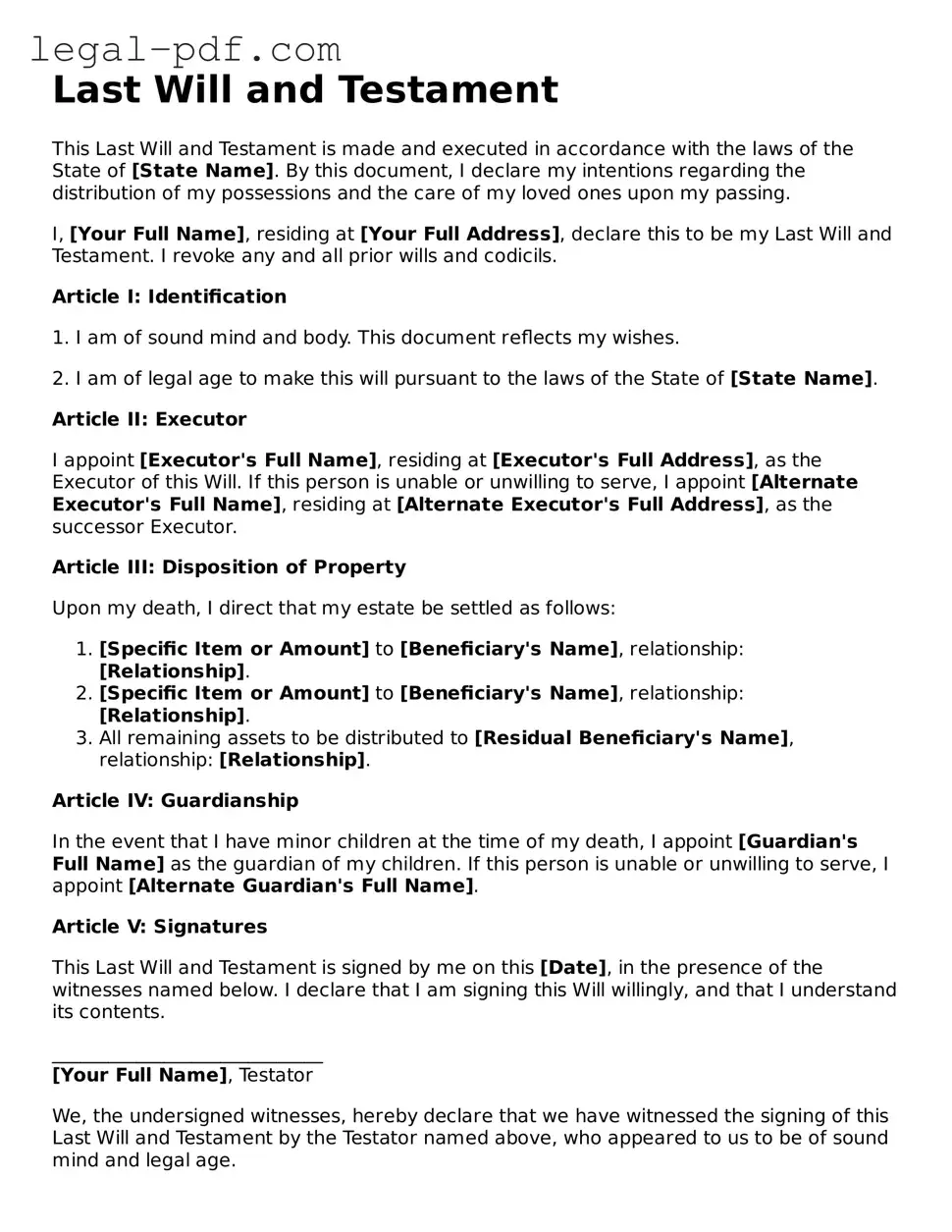 Valid Last Will and Testament Template