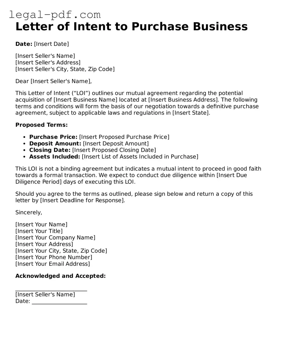Valid Letter of Intent to Purchase Business Template