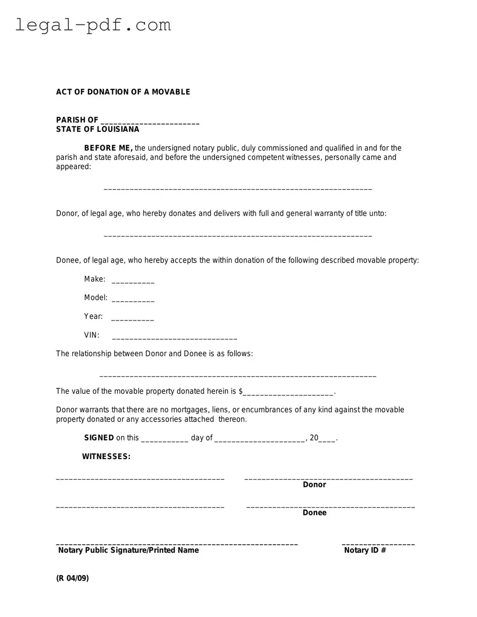Blank Louisiana act of donation Form