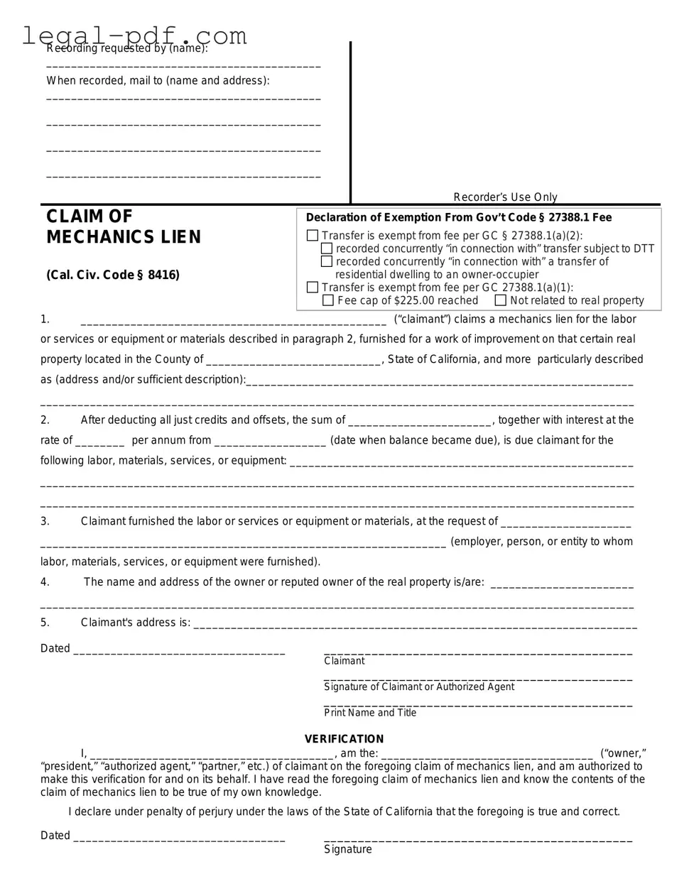 Blank Mechanics Lien California Form