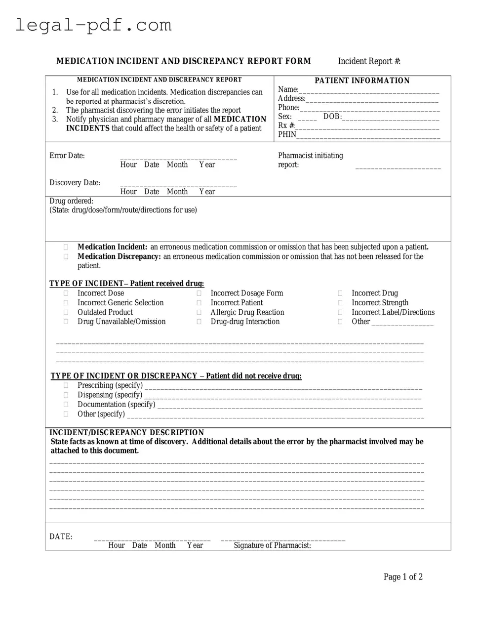 Blank Medication Error Form