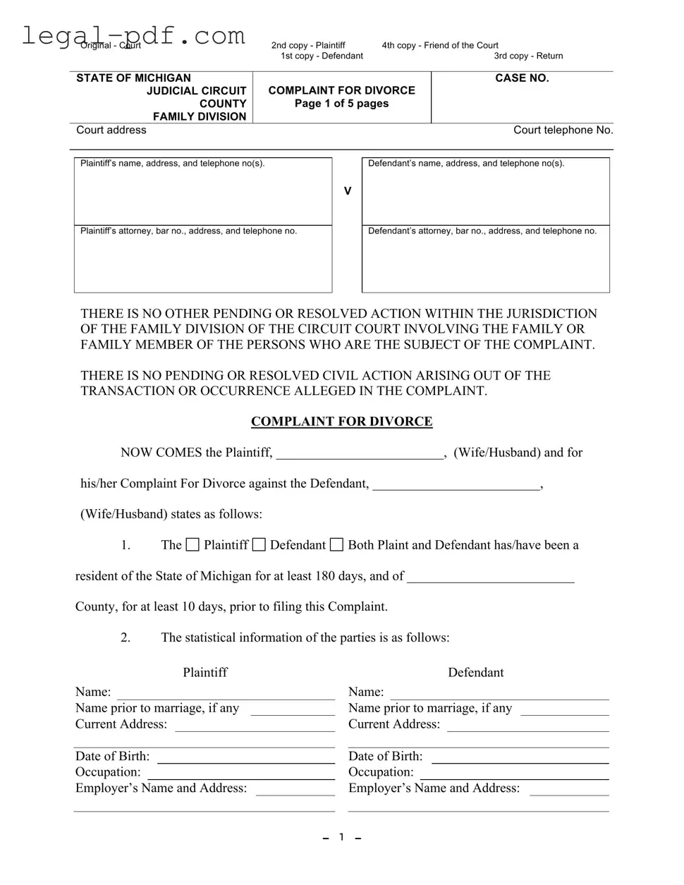 Blank Michigan Complaint Divorce Form