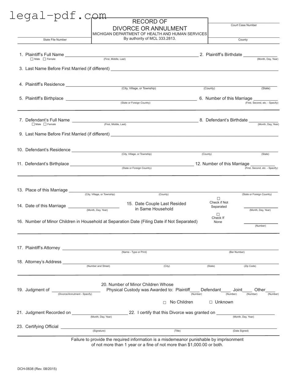 Blank Michigan Dch 0838 Form