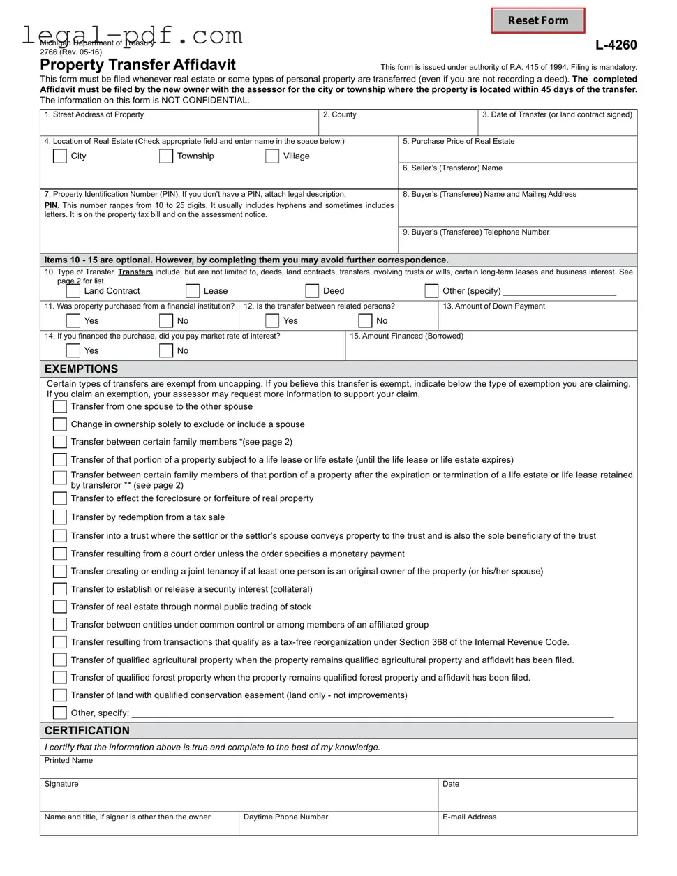 Blank Michigan Property Transfer Affidavit 2766 Form